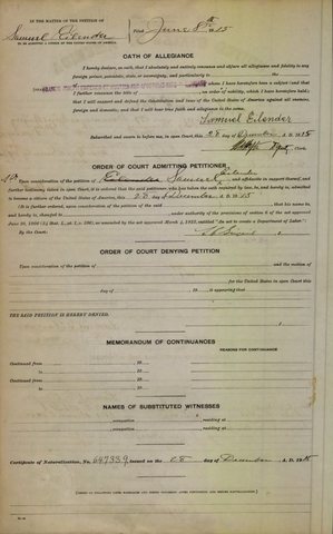 Samuel Eilender’s Petition for Naturalization no. 3671, Supreme Court Bronx County, filed 8 June 1915 (page 2): his oath of allegiance and the order of 28 Decem
