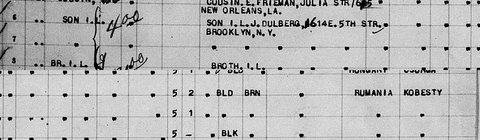 S.S. Rotterdam, arrived 19 January 1921, List 12 lines 6–8 (right-hand page): Chaim, Heine and Fany Gensler, going to Chaim's son-in-law J. Dulberg, 1614 East 5