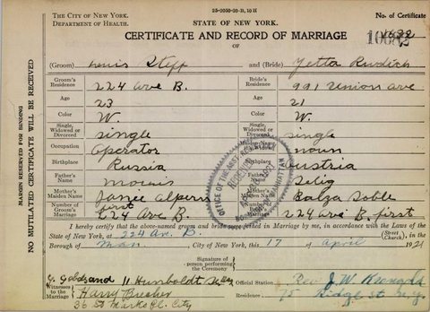 Marriage of Yetta Rudich, Mollie Brecher’s sister, and Louis Steff, Manhattan, 17 April 1921; her parents Selig Rudich and Balza (Babtze) Lobel. Harry Brecher o