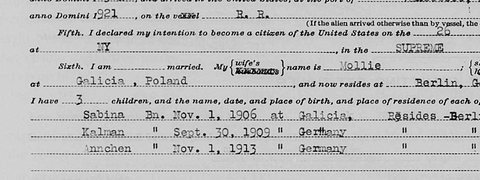 Detail of Elias Wahrsager’s 1926 naturalization petition listing his wife Mollie (Malka) and their children, among them Annchen (Anne), born