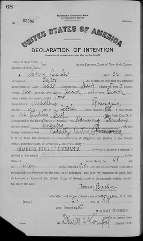 Harry Brecher’s declaration of intention to become an American citizen, New York County, 21 November 1910: aged 22, a tailor; white, dark complexion, 5 ft 7 in,