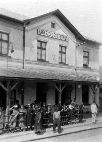 The railway station at Nagyszőllős (Sevlus), 1939, its sign in Hungarian and Cyrillic: the hometown of Margaret Brecher’s Farkas family.