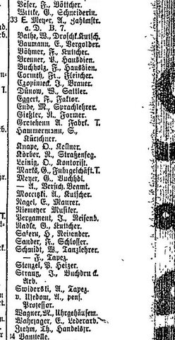 The tenants of Saarbrücker Straße 33 in the Berlin address book of 1914: E. Wahrsager, leather worker, and H. Safern, commercial traveller.