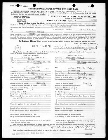 Marriage licence no. 8896, Bronx, 20 August 1941: Nicholas Brecher, 25, manufacturer, son of David Brecher and Esther Kline, and Margaret Farkas, 20, bookkeeper