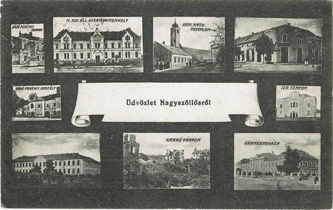 Greetings from Nagyszőllős (Sevlus, today Vynohradiv), a postcard of about 1905 with the synagogue (“Izr. Templom”) among its views: the hometown of Margaret Br