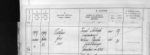 Birth of Zoltán Fogel, Felsőbánya, 21 February 1907, act 46 — son of Mihály Fogel, entrepreneur, and Berta Klein, of Fazekas utca 344.