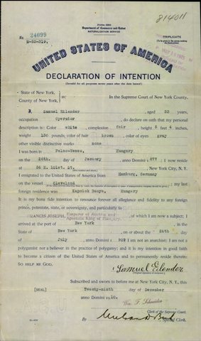 Samuel Eilender’s declaration of intention no. 24099, the copy filed with his 1915 Bronx petition: an operator, born at Felső Visó, Hungary, 26 January 1877; la