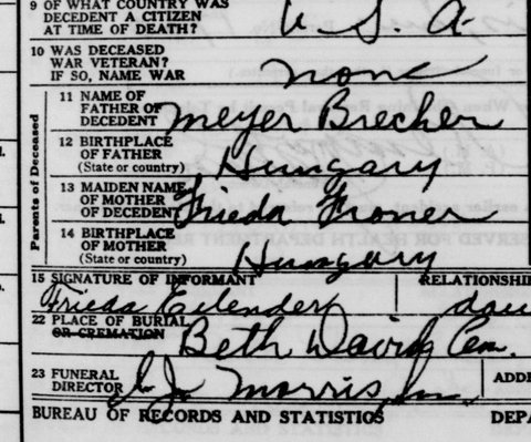 From Rose Eilender’s certificate of death, Brooklyn, 7 July 1948: her father “Meyer Brecher” and her mother “Frieda Froner”, both born in Hu