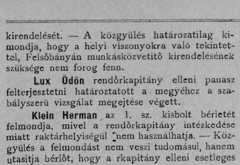 From the town assembly, December 1901: Herman Klein asks to give up the lease of town shop no. 1, which the police captain had forbidden him